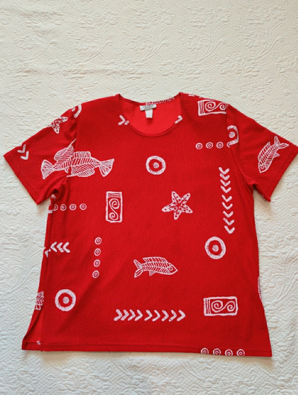 Vejaiz Designs Crinkle Red Tropical Ocean Fish Resort Cruise Short Sleeve Shirt
